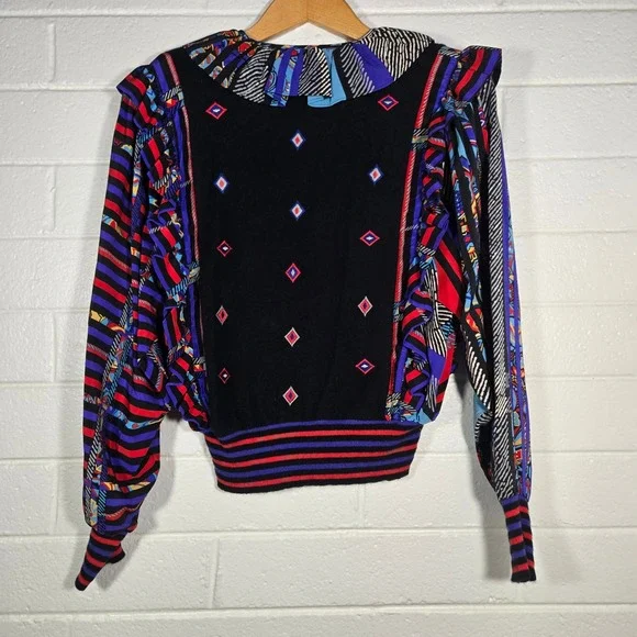 Vtg Abstract Pattern Mix Ruffle Knit Pullover Sweater Blouse Top Multi XL Bright - Picture 4 of 9
